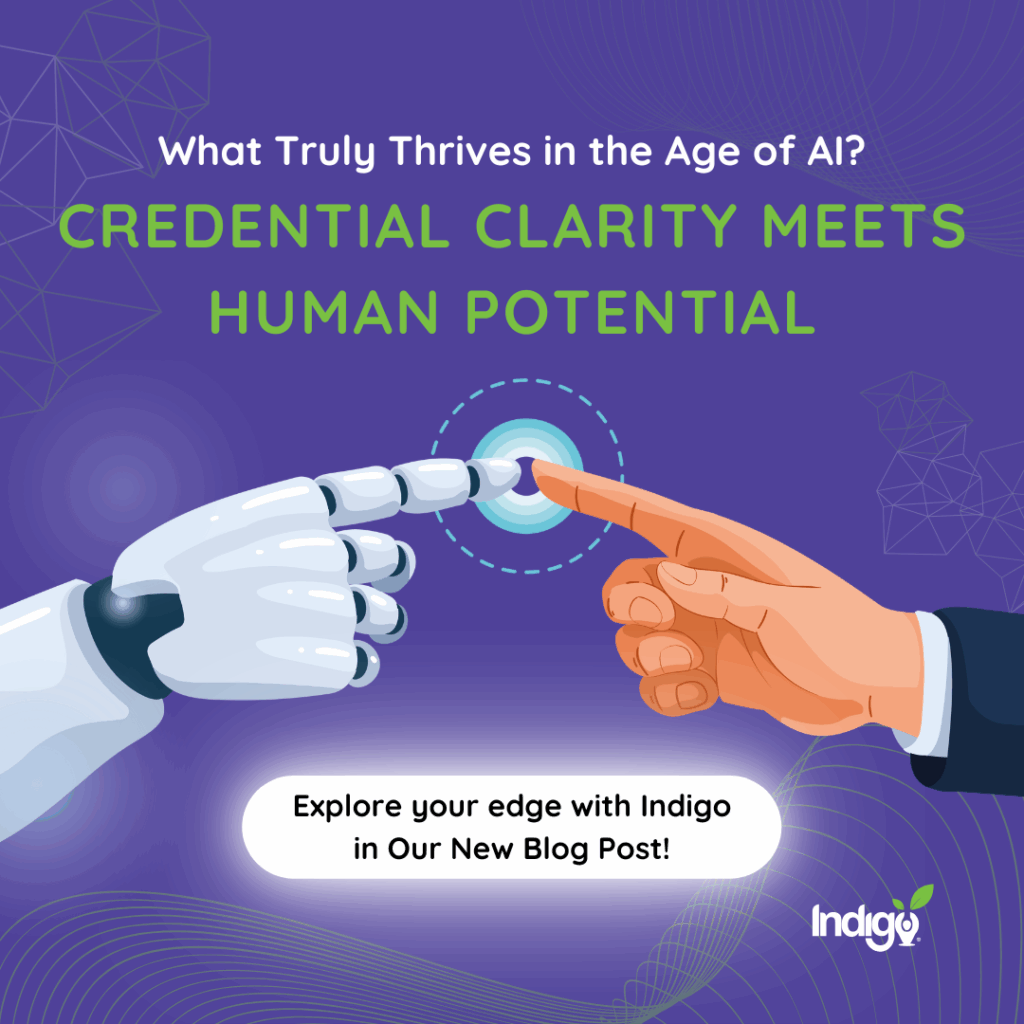 An Image of a person's finger touching a robot's finger with the Heading saying Credential Clarity meets Human Potential
